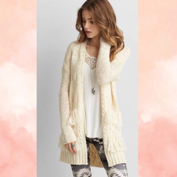American Eagle Outfitters Sweaters - CCO * American Eagle Cream Fringe Long Cardigan
